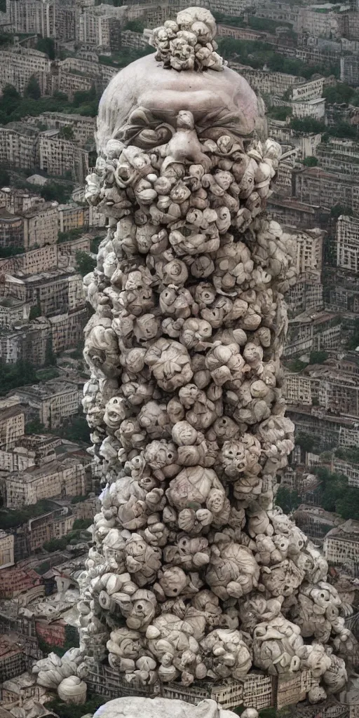 Image similar to colossal grotesque flower proletariat statue made from Lenin heads in the middle of abandoned early soviet constructivist cityscape, Stalinist architecture, ultradetailed by Hayao Miyazaki and Josan Gonzalez and Makoto Shinkai and Giuseppe Arcimboldo and Wes Anderson