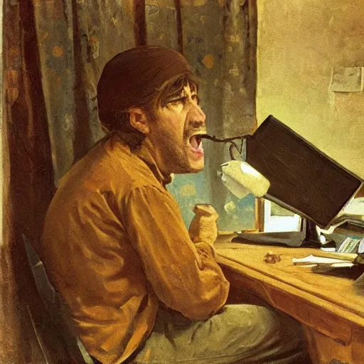 Image similar to an angry man yells at his computer monitor, oil on canvas, 1 8 8 3, highly detailed