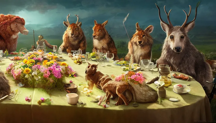 Image similar to a table dinner of animals where animals are dressed like the characters from the midsommar movie wearing flowers, realistic detailed digital art by maxwell boas jessica rossier christian dimitrov anton fadeev trending on artstation cgsociety rendered in unreal engine 4 k hq