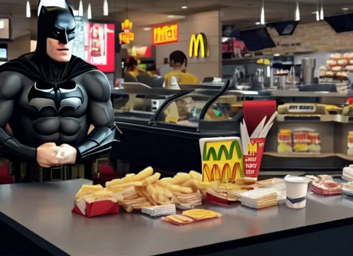 Image similar to film still of Batman working as a cashier at McDonalds in the new batman movie, 4k