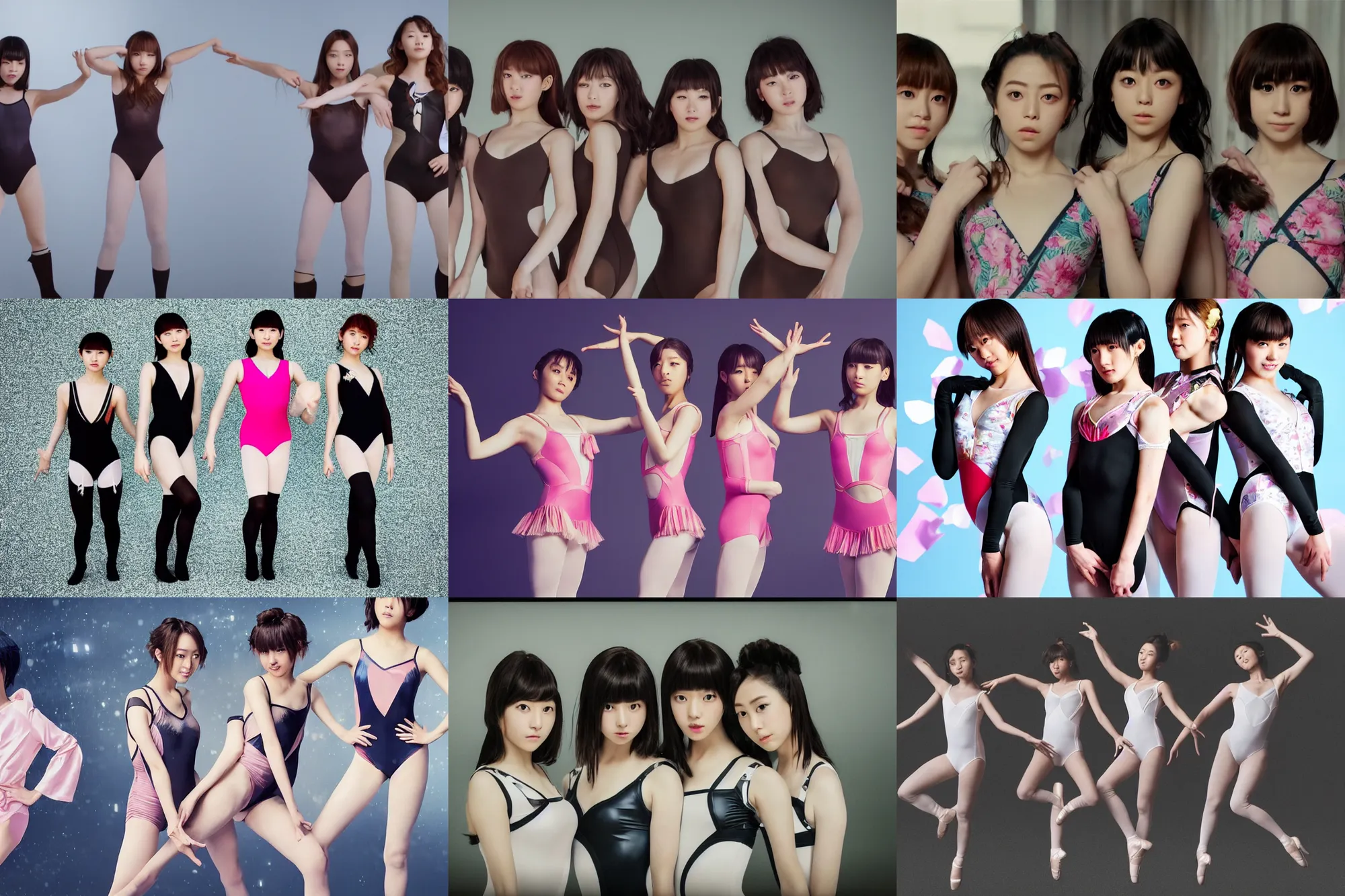 Image similar to unbelievably beautiful, perfect, dynamic, epic, cinematic 8 k hd movie shot, three beautiful cute young j - pop idols actresses in japanese girl band, posing together in leotards. motion, vfx, inspirational arthouse, high budget, hollywood style, at behance, at netflix, with instagram filters, photoshop, adobe lightroom, adobe after effects, taken with polaroid kodak portra