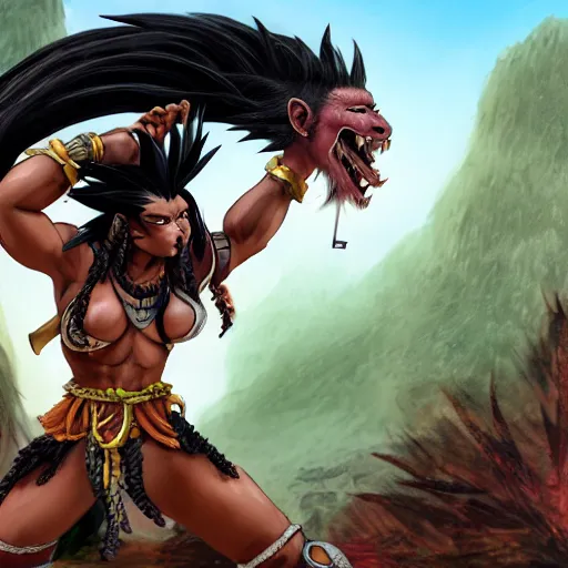 Image similar to barbarian warrior woman with chimera monkey tail, monkey tail, furry tail, barbarian pelt, cavewoman, black hair, electrified hair, wild spiky black saiyan hair, surrounded by electrical aura, prowling around primeval jungle, palm trees, rocks, mountains, red sky, hyperdetailed, ultra high definition, realism, 4 k, frank frazetta