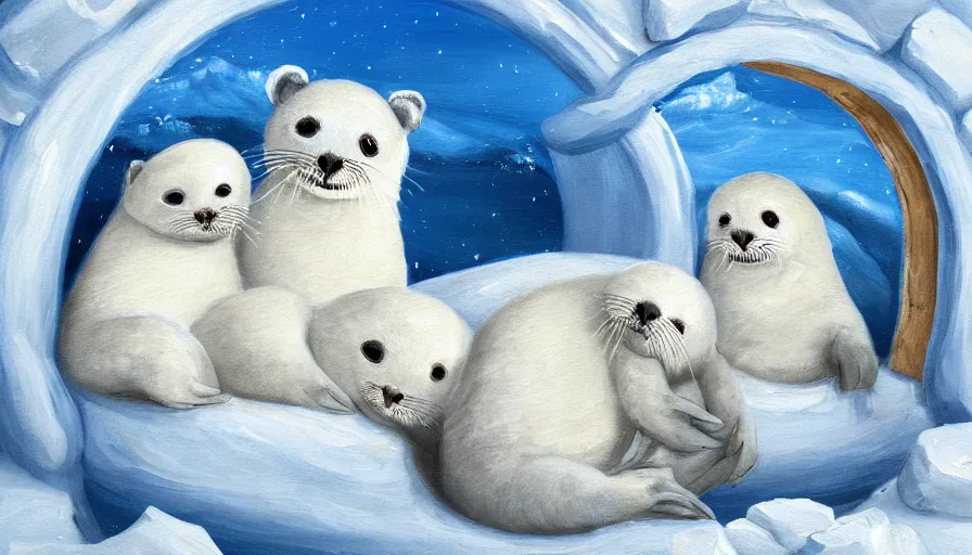 Image similar to highly detailed painting of cute furry white baby seals cuddled up in an igloo by william turner, thick brush strokes and visible paint layers, 4 k resolution, blue and white colour scheme