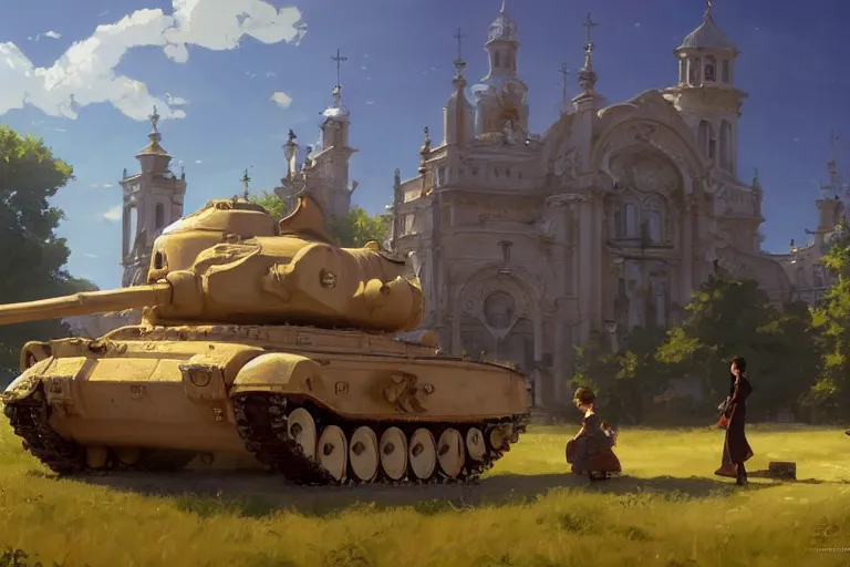 Prompt: a tank which looks like a ornate baroque church, scene in an open field. key visual, conceptart, ambient lighting, highly detailed, digital painting, artstation, concept art, sharp focus, by makoto shinkai and akihiko yoshida and greg manchess