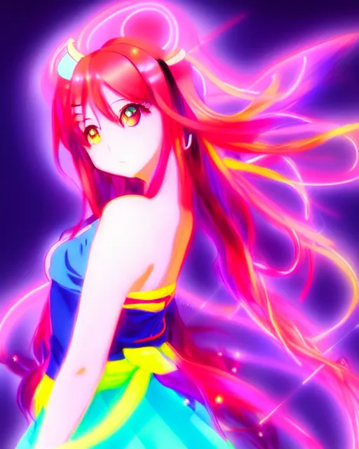 Prompt: anime style, vivid, expressive, full body, 4 k, painting, a cute magical girl idol with a long wavy colorful hair wearing a colorful dress, correct proportions, stunning, realistic light and shadow effects, neon lights, studio ghibly makoto shinkai yuji yamaguchi