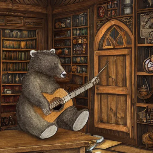 Image similar to A realistic bear playing guitar in a medieval shop viewed from the inside, texture, intricate, details, highly detailed, masterpiece, architecture, building, trending on artstation, focus, sharp focus, concept art, digital painting, fantasy, sunny, day, midday, in the style of skyrim