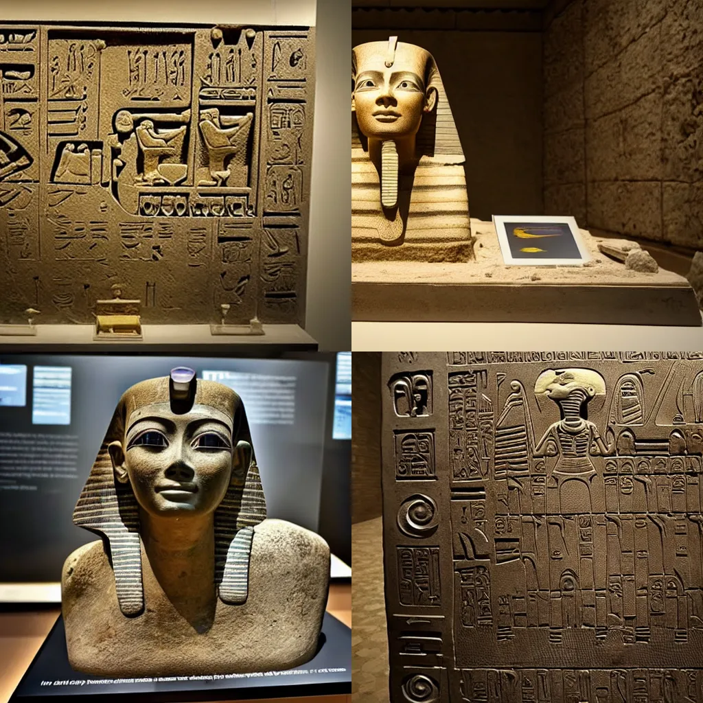 Prompt: a picture of a computer made of ancient egypt technology in a museum., award winning photo