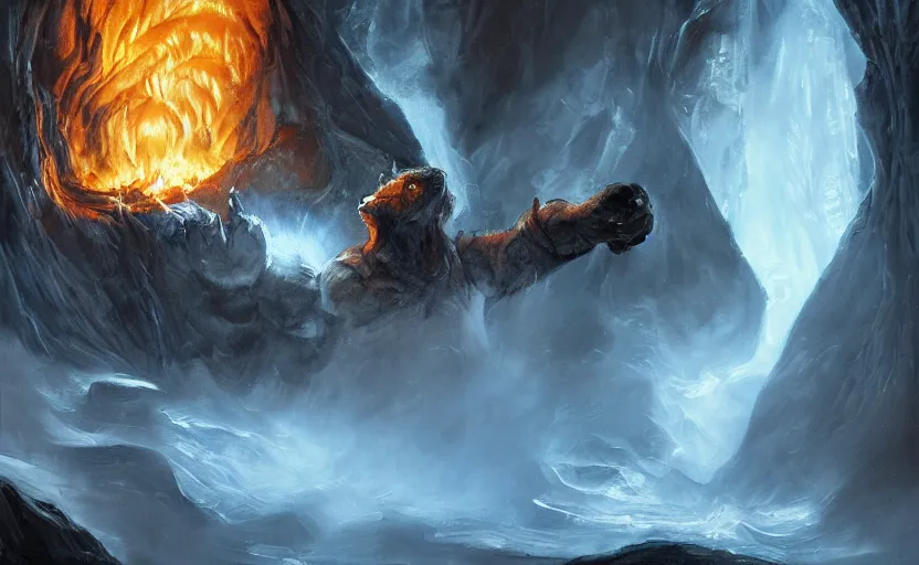 Prompt: a hyper-realistic oil painting of Balrog in the caves of Moria; swirling sheets of light and fire; hyper-detailed; an extraordinary masterpiece!!!; flawless; trending on artstation