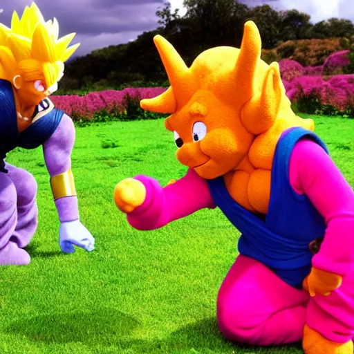 Image similar to goku and dog the bounty hunter playing with the teletubbies