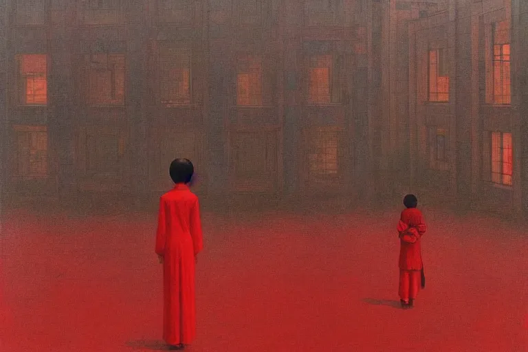 Prompt: top shot of a asian female standing center in the communist city square, crowd surround her, in the style of beksinski, parts by edward hopper, parts by rodcenko, parts by yue minjun, intricate and epic composition, insanely quality, highly detailed, masterpiece, red and yellow light, artstation, 4 k