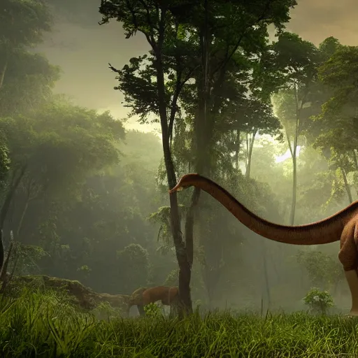 Image similar to a brontosaurus with battle armor and mounted guns walking in a lush jungle, unreal engine, hyperrealistic, volumetric lighting, raytraced