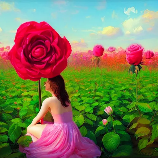 Image similar to giant rose flower head, full body girl sitting in a flower field, surreal photography, sunrise, dramatic light, impressionist painting, colorful clouds, digital painting, artstation, simon stalenhag