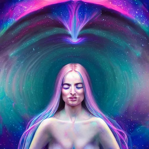 Image similar to a galaxy pink purple and blue colored psychedelic chakra awakening kundalini ethereal portrait of kim petras with her eyes closed transcending to a higher plane of existence, eternal blessing, multiverse, by android jones, by ben ridgeway, visionary art, by artgerm, featured on artstation, cgsociety, by greg rutkowski