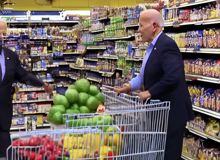 Image similar to Joe Biden fights a fat man at the supermarket, 8K, high quality, highly detailed