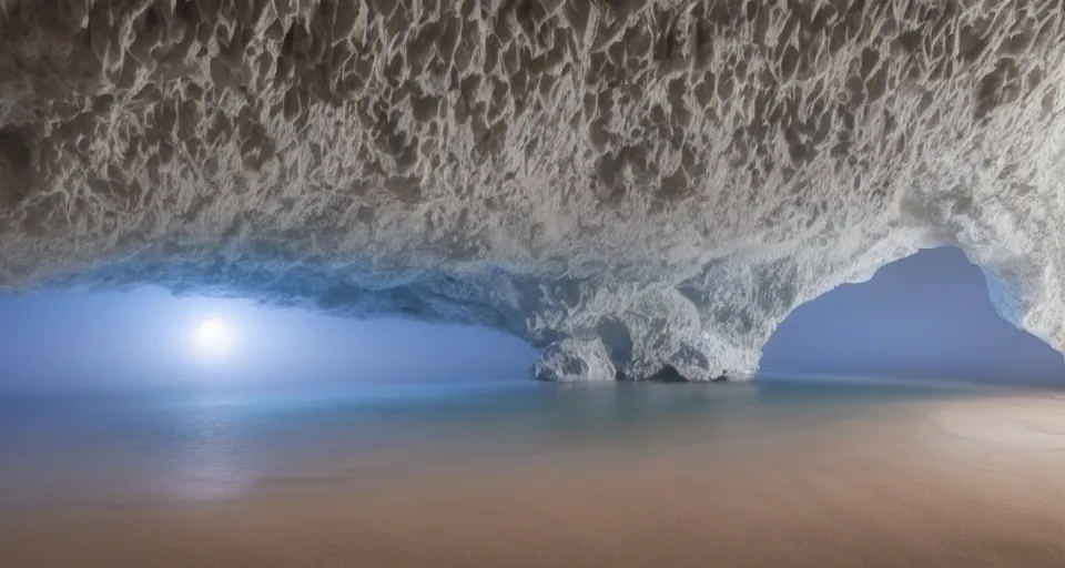 Prompt: white seashell house cave, atmospheric cinematography