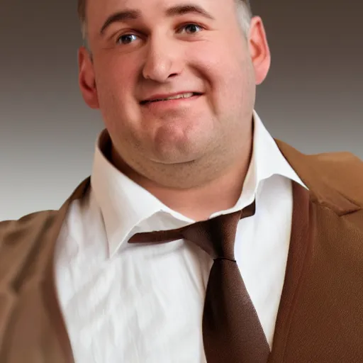 Image similar to A smiling chubby white clean-shaven man dressed in a chocolate brown suit and necktie is sitting on a stool. Realistic