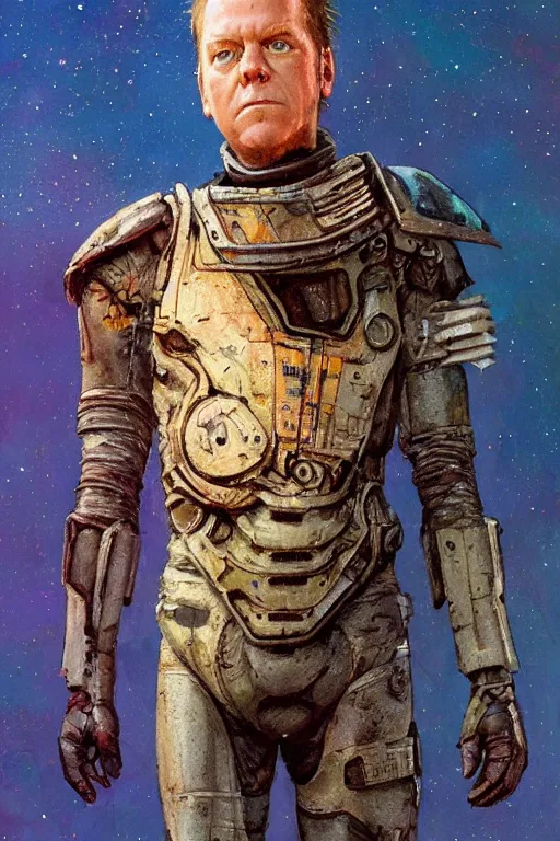 Image similar to upper body portrait of kiefer sutherland wearing old tattered dune stillsuit, nebula in the background, illustration by normal rockwell and mandy jurgens, influenced by john berkey and greg rutkowski, artstation character concept