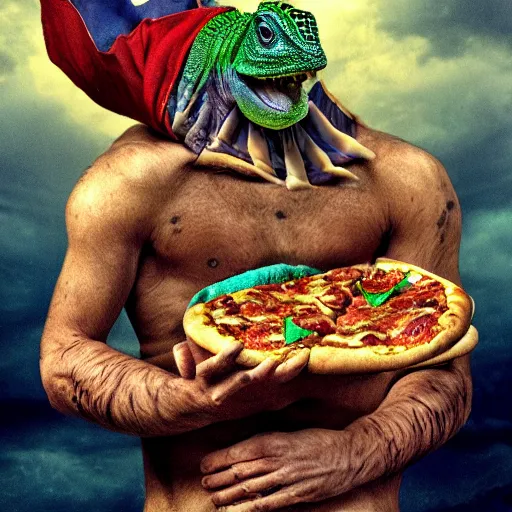 Image similar to lizard man, eating pizza, thunderstorm, texas, crying