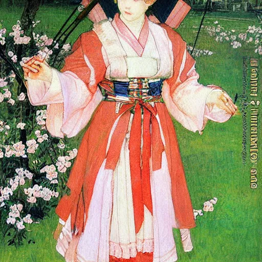 Image similar to Sakura from Cardcaptor Sakura painting masterpiece by vasnetsov and surikov, JEAN-VICTOR BERTIN, by Terence Cuneo