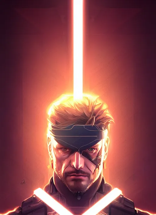 Image similar to symmetry!! portrait of solid snake, metal gear solid, tech wear, glowing lights!! intricate, elegant, highly detailed, digital painting, artstation, concept art, smooth, sharp focus, illustration, art by artgerm and greg rutkowski and alphonse mucha