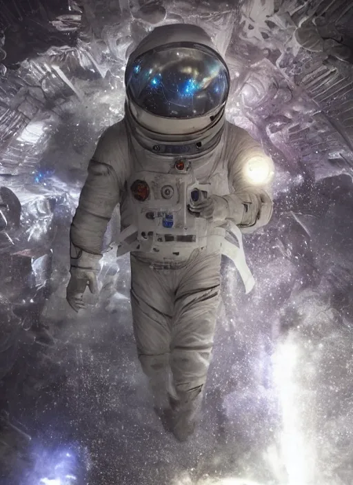 Image similar to concept art by craig mullins infrared complex and hyperdetailed technical astronaut dancing in futuristic dark and empty spaceship underwater. reflection and dispersion materials. rays and dispersion of light. volumetric light. 5 0 mm, f / 3 2. noise film photo. flash photography. unreal engine 4, octane render. interstellar movie art