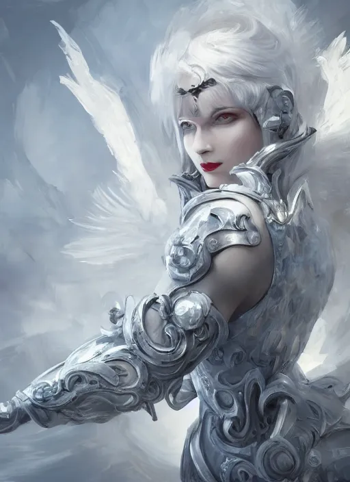 Image similar to a highly detailed illustration of white haired pale lady wearing blindfold, wearing dieselpunk armor dress with iron wings, dramatic floating pose, intricate, elegant, highly detailed, centered, digital painting, artstation, concept art, smooth, sharp focus, league of legends concept art, wlop