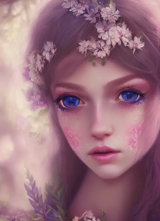 Image similar to portrait of a gorgeous fairy princess of the forest, detailed perfect blue eyes, highly detailed iridescent floral pattern skin, ultra realistic, cinematic lighting, depth of field, artstation, NeoArtCorE