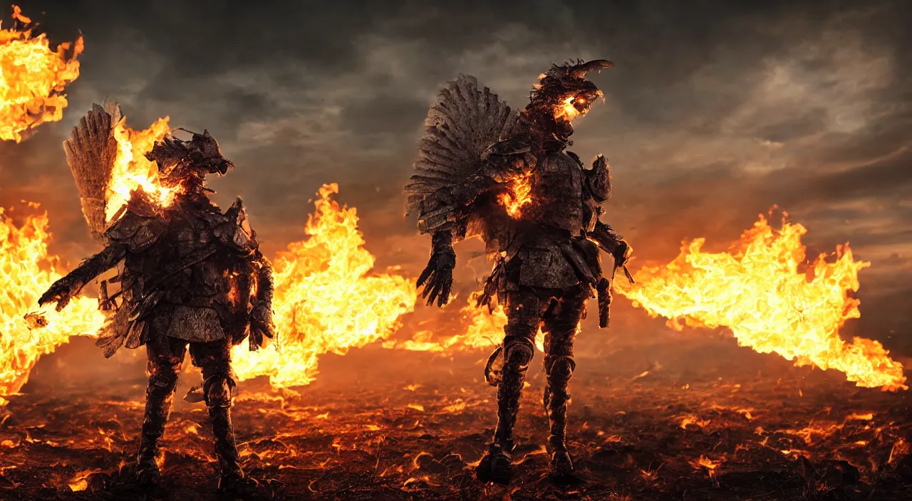 Image similar to chicken wearing suit of armor standing alone in war-torn battlefield with background flames, sharp focus, concept art, elegant, highly detailed, beautiful lighting, distant shot