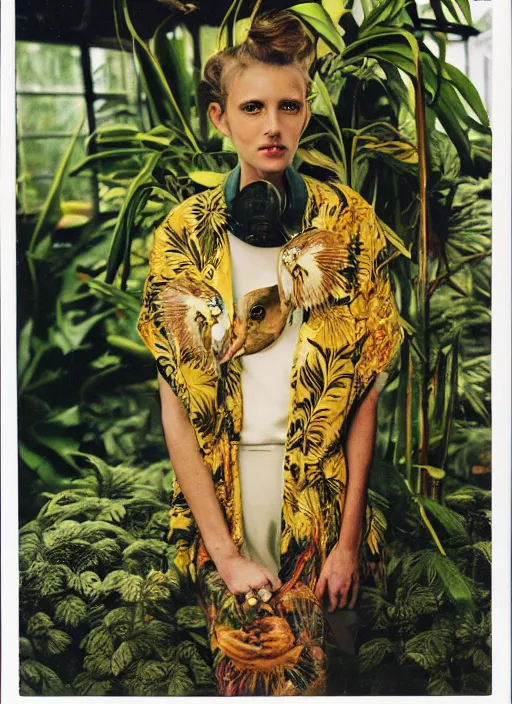 Prompt: grainy head to shoulder portrait Polaroid film photograph of an elegant top model wearing a yellow kimono with a very detailed barn owl on her shoulder!!! in a tropical greenhouse. looking at the camera!!. super resolution. Polaroid 600 film. art by Alessio albi and Annie Leibovitz and Rineke Dijkstra.