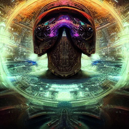 Image similar to portrait of a fantasycore glitchcore skull in a helmet. intricate abstract. intricate artwork. celestial. immaculate, by dan seagrave, beeple, dan mumford. octane render, CGSociety very coherent symmetrical artwork. cinematic, hyper realism, high detail, octane render, 8k, iridescent accents