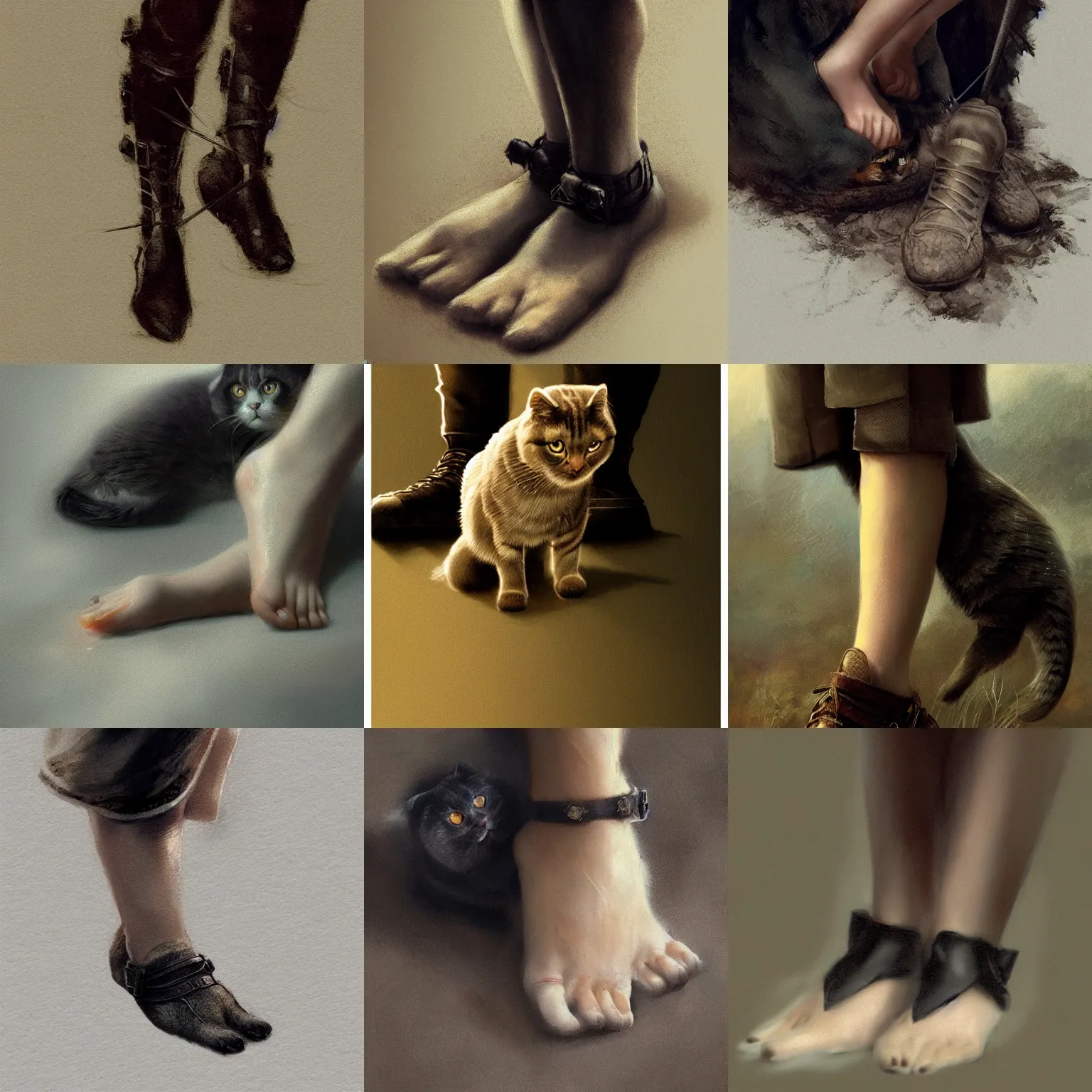 Prompt: Katniss Everdeen with a Scottish Fold cat at her feet, closeup of feet, digital portrait by Greg Rutkowski, intricate, sharp focus, cinematic, epic, artstation