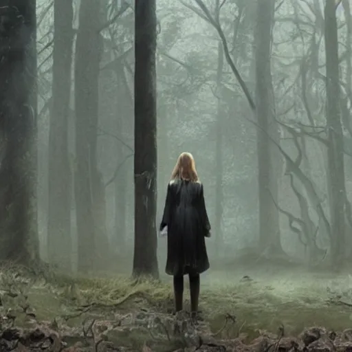 Image similar to Elle Fanning in the cultist woods in the world of Adam Wyeth, head and shoulders, stormy weather, extremely detailed masterpiece, oil on canvas, low-key neon lighting, artstation, Blade Runner 2049, Roger Deakin’s cinematography, by J. C. Leyendecker and Peter Paul Rubens and Edward Hopper and Michael Sowa,