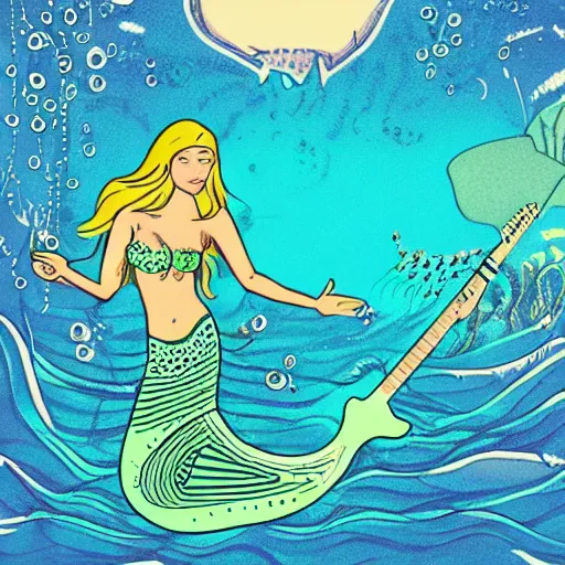 Image similar to illustration of a mermaid playing an stratocaster electric guitar, under the sea, limited colours, poster