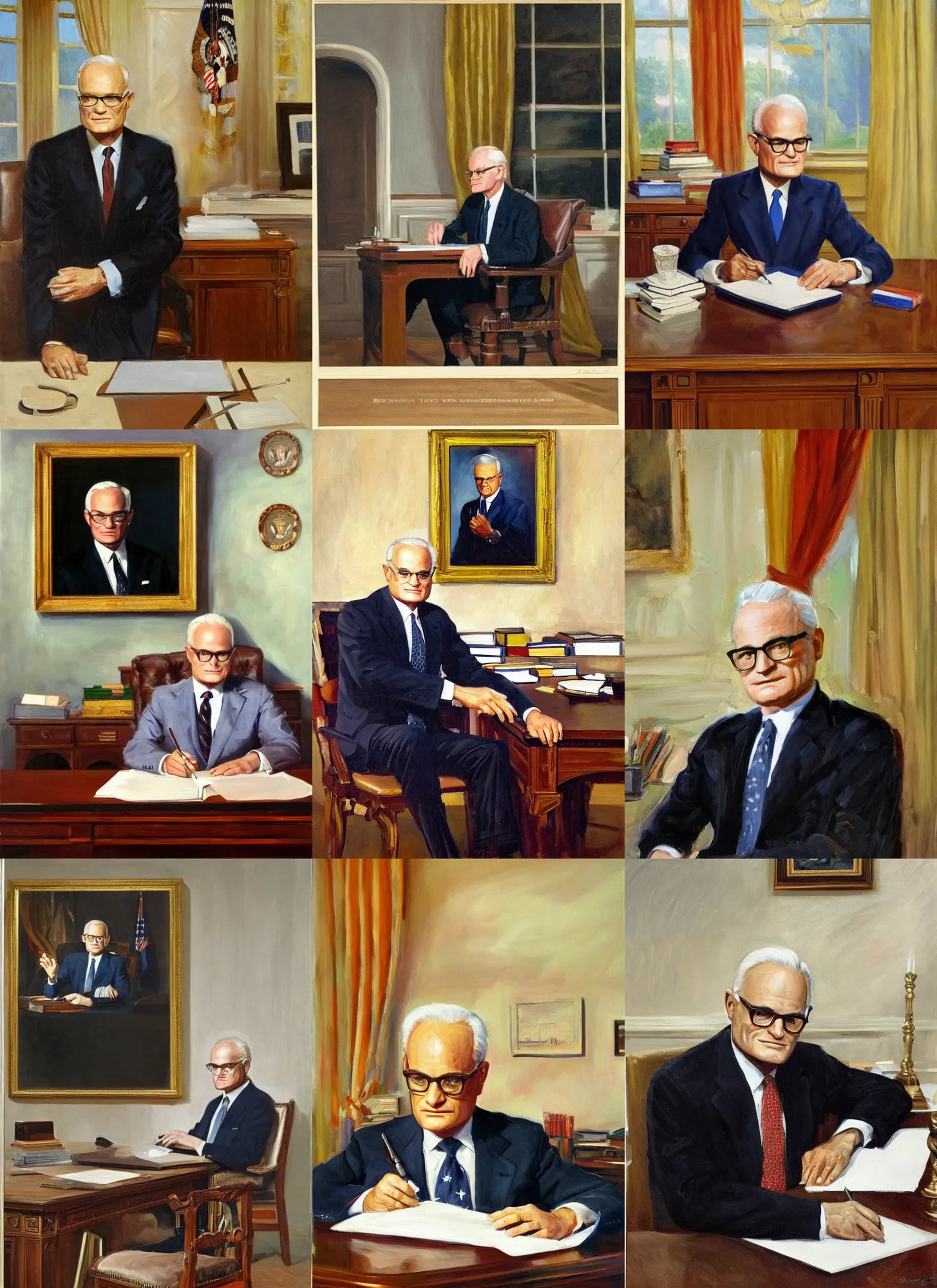 Prompt: Official Portrait of Barry Goldwater sitting at the Resolute Desk, 33rd President of the United States, Painting by Martha Greta Kempton in 1947. Oil on canvas. White House Collection/White House Historical Association. Trending on Artstation