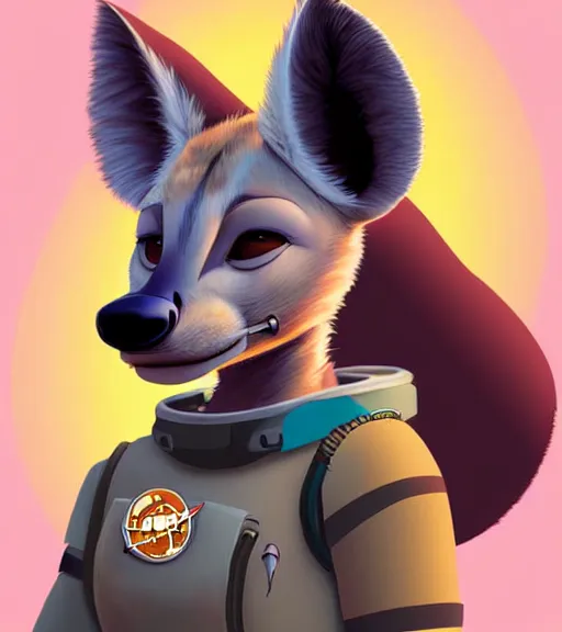 Image similar to digital detailed art of furry female hyena, in style of zootopia, fursona, furry, furaffinity, 4 k, deviantart, wearing astronaut outfit, in style of disney zootopia, floating in space, space background, hyena fursona, cyberpunk, female, detailed face, style of artgerm,