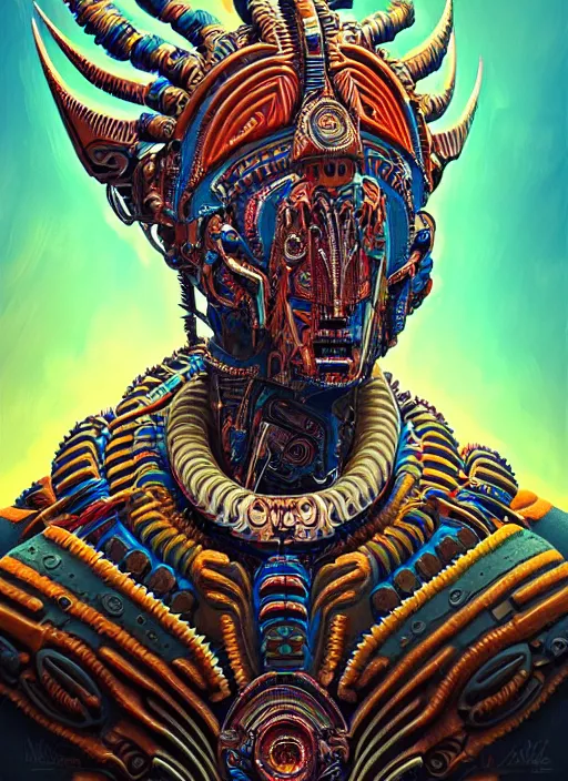 Image similar to hyper detailed ultra sharp of a aztec biomechanical warrior trance man. trending on artstation, warpaint aesthetic, earthwave, colorful, psychedelic, ornate, intricate, digital painting, concept art, smooth, sharp focus, illustration, art by artgerm and greg rutkowski and h. r. giger, 8 k