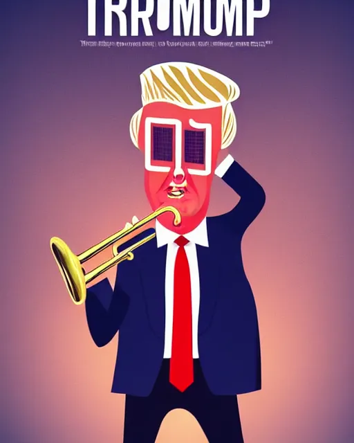 Image similar to portrait photograph of trump with trumpet hair warm lighting, trump has hair as a trumpet, trumps hair is coming out as trumpet. movie poster, illustration by bartek fedyczak, erak note, tooth wu, neil richards, kan liu, siwoo kim, jisu choe, trending on art station