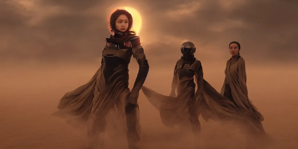 Prompt: a film still of dune by josh kao, a beautiful young mixed race woman, post apocalyptic attire, cinematic, film art of character design, matte painting, v ibrant, 5 0 mm lens, behance hd, sunrise, dramatic lighting, cinematic, global illumination, deviant art, trending on artstation, bloom