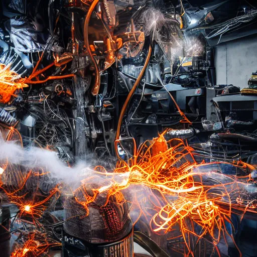 Image similar to smoothie blender, tangles of metallic cables, dark messy smoke - filled cluttered workshop, dark, dramatic lighting, orange tint, sparks, plasma charges, cinematic, highly detailed, sci - fi, futuristic, movie still