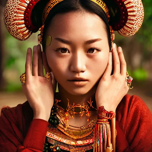 Image similar to portrait of a stunningly beautiful asian tribal female with lens flars and depth of field, zeiss lens, detailed, symmetrical, centered, fashion photoshoot, by Annie Leibovitz and Steve McCurry, David Lazar, Jimmy Nelsson, Breathtaking, 8k resolution, extremely detailed, beautiful, establishing shot, artistic, hyperrealistic, beautiful face, octane render