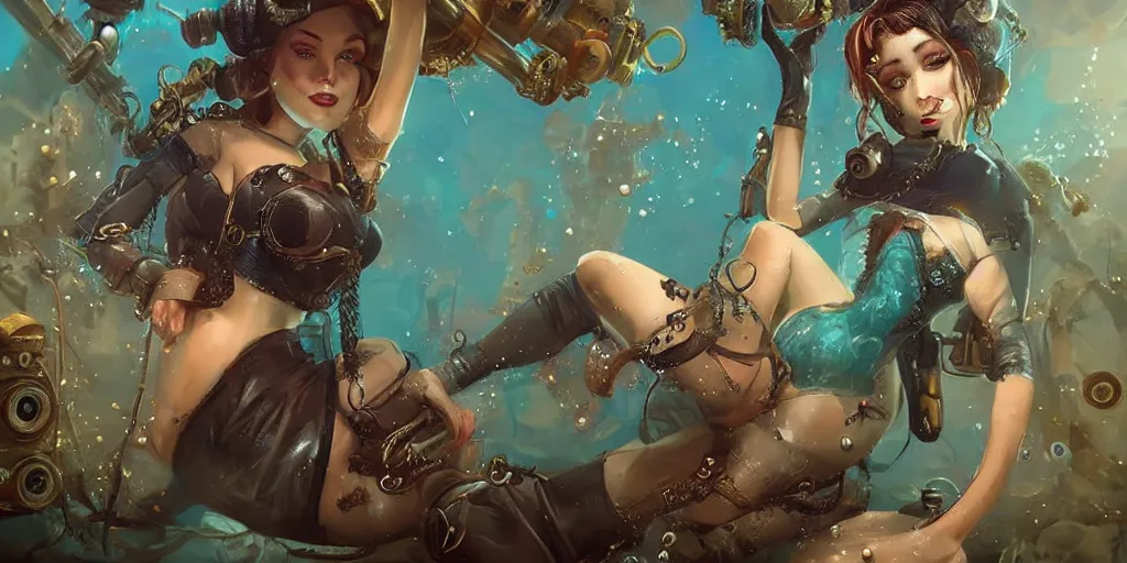 Image similar to digital art, trending on artstation, pin ups in an underwater steam punk world
