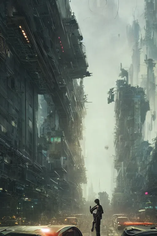 Image similar to a portrait of a small cyborg standing in the middle foreground walking in the street of a great green mechanical city by Greg Rutkowski, Sung Choi, Mitchell Mohrhauser, Maciej Kuciara, Johnson Ting, Maxim Verehin, Peter Konig, final fantasy , mythical, 8k photorealistic, cinematic lighting, HD, high details, atmospheric,