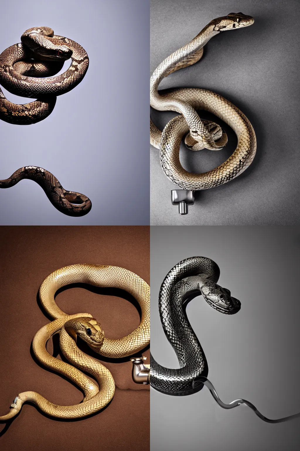 Prompt: a snake coming out of a faucet 4k, studio photography, good lighting, high quality