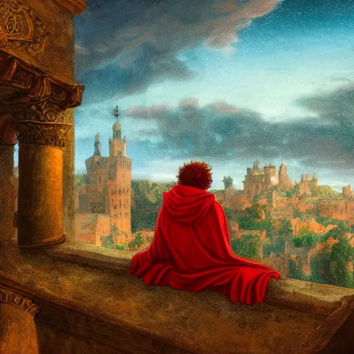 Prompt: a rugged man with curly red hair wearing a green cloak playing a lute sitting on a roof top, medieval setting, entire city visible, zoomed out, night, atmospheric lighting, painted, intricate, volumetric lighting, beautiful, rich deep colours masterpiece, golden hour, digital art