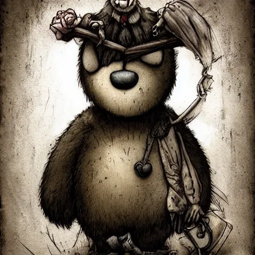Prompt: grunge cartoon drawing of a cute teddy bear by - michael karcz , in the style of corpse bride, loony toons style, horror themed, detailed, elegant, intricate