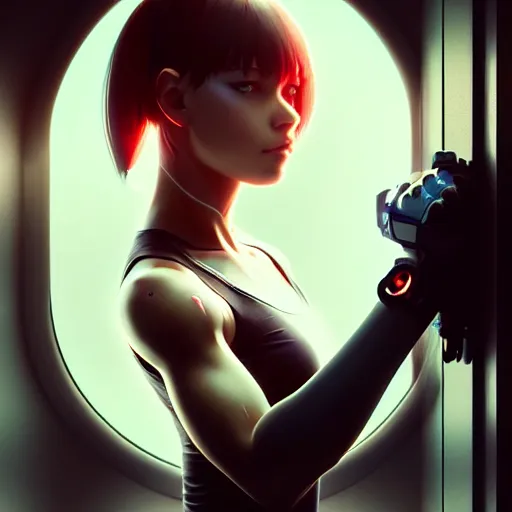 Image similar to beautiful cyborg girl punching through a large reflective window, window reflections, reflective, mirror reflection, refractions on lens, full round face, biomechanical details, cyberpunk anime art, full body shot, lens flare, wlop, ilya kuvshinov, artgerm, krenz cushart, greg rutkowski