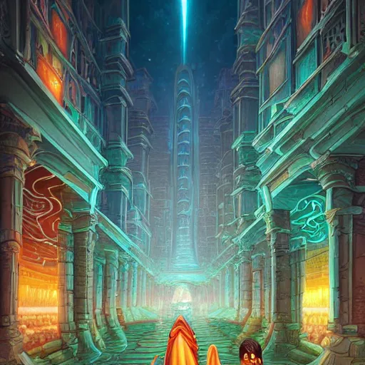 Image similar to street view of gigantic temple city at night by cyril rolando and naomi okubo and dan mumford and ricardo bofill