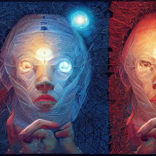 Image similar to beautiful portrait of intelligence of science, spatial space deformation in latent space, math art, astral plane, by artgerm and ( dan mumford ) and gustave dore, vray, cgsociety
