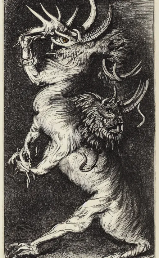 Image similar to a creature with the body and eyes of a man, with the beak of an eagle, the mane of a lion, and the horns of an ox. drawn by francis bacon