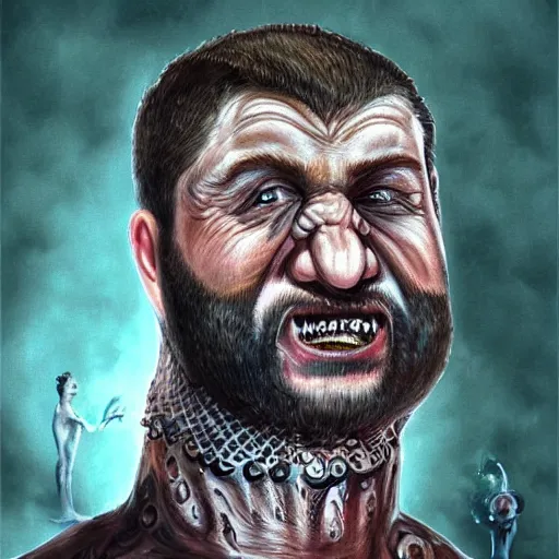 Image similar to bodyhorror portrait of ramzan kadyrov who became an ugly retarded lovecraftian monstrosity, photo - realistic, color image, 2 k, highly detailed